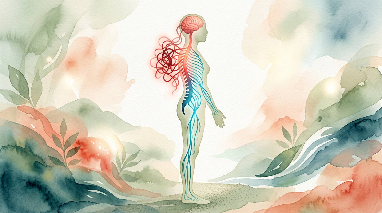 Una ilustración serena del sistema nervioso de una persona calmándose, pasando de rojo y enredado a azul y suave.