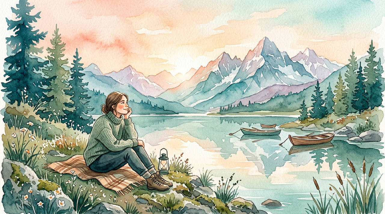 Hopeful figure resting by mountain lake at dawn, teal rose watercolor