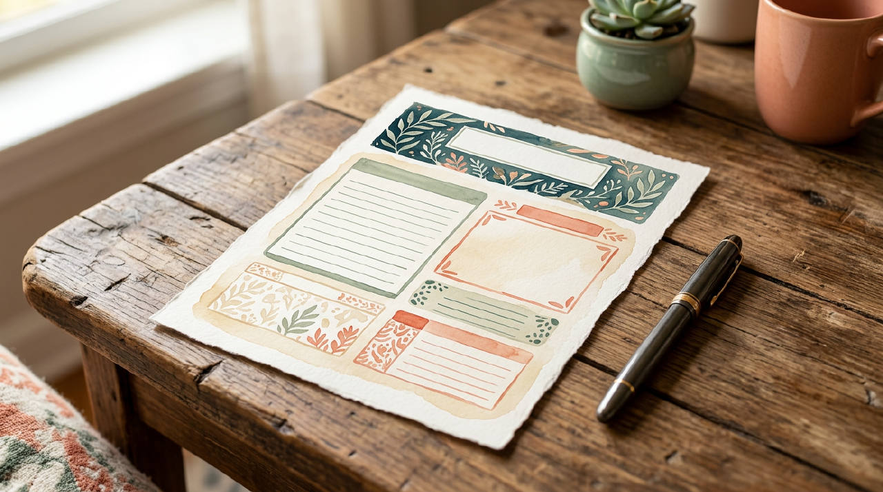 Printable worksheet on wooden desk with pen, warm cream watercolor
