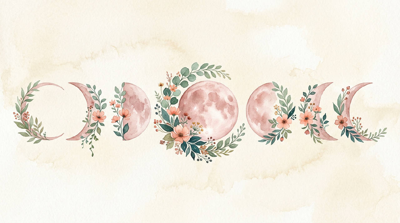 Delicate moon phases with floral accents, dusty rose watercolor