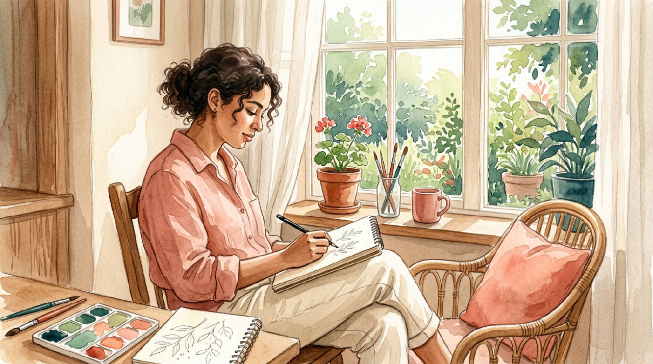 Sunlit person sketching in a notebook at a bright window, terracotta pink watercolor