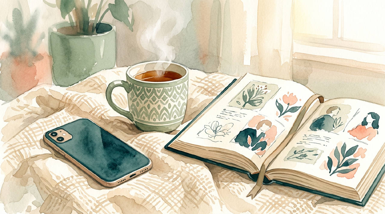 Phone facedown next to warm tea and open book on linen, editorial watercolor