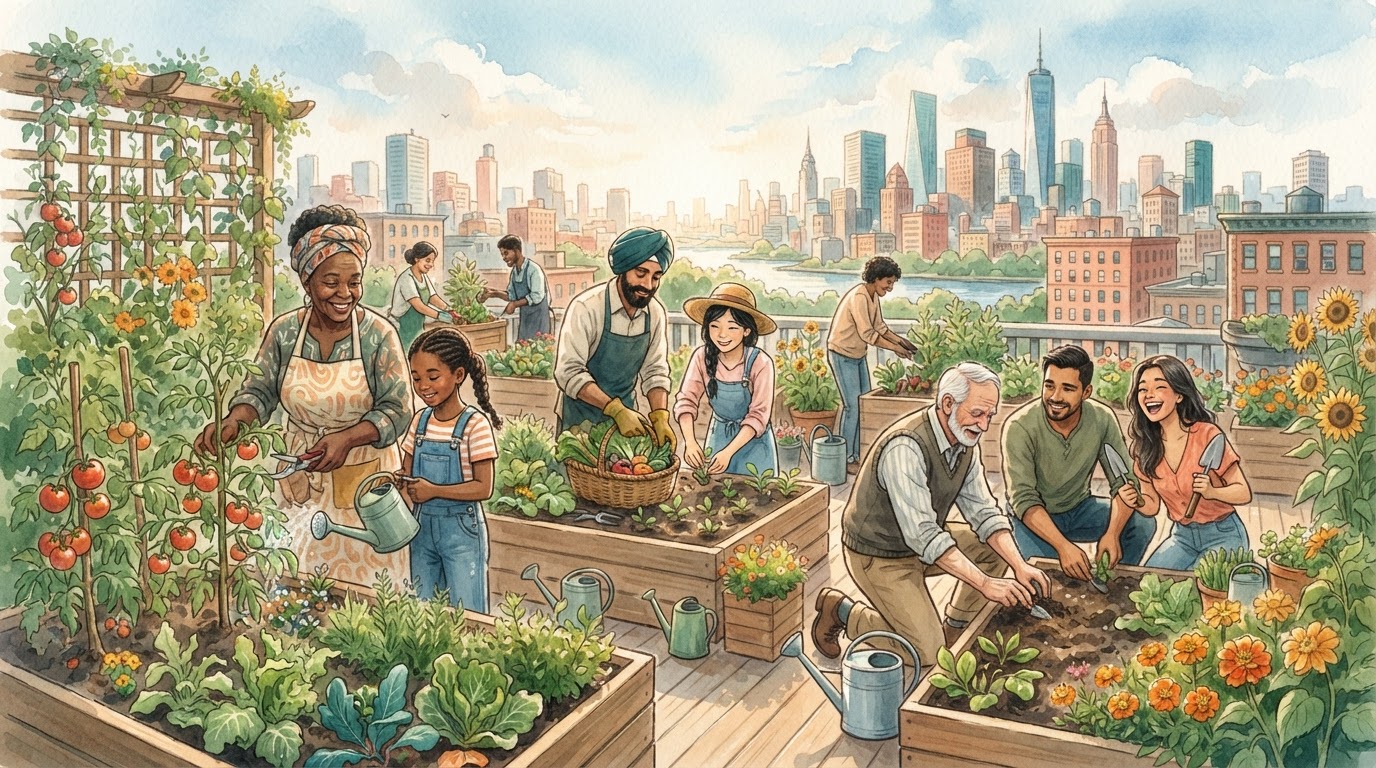 Un grupo diverso de personas cuidando un jardín comunitario en la azotea de una ciudad, con un horizonte urbano al fondo.