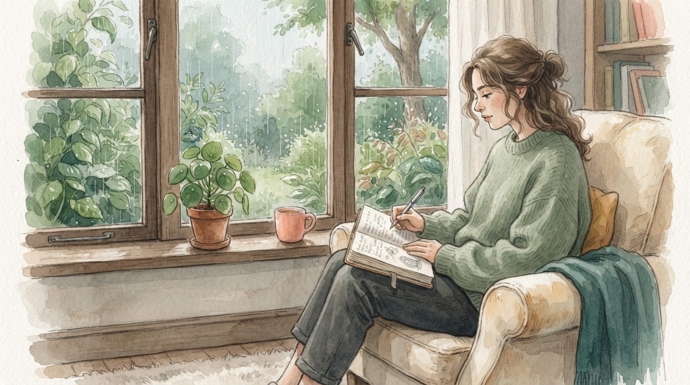 Una persona sentada junto a una ventana, escribiendo en un cuaderno. Afuera llueve suavemente sobre hojas verdes.