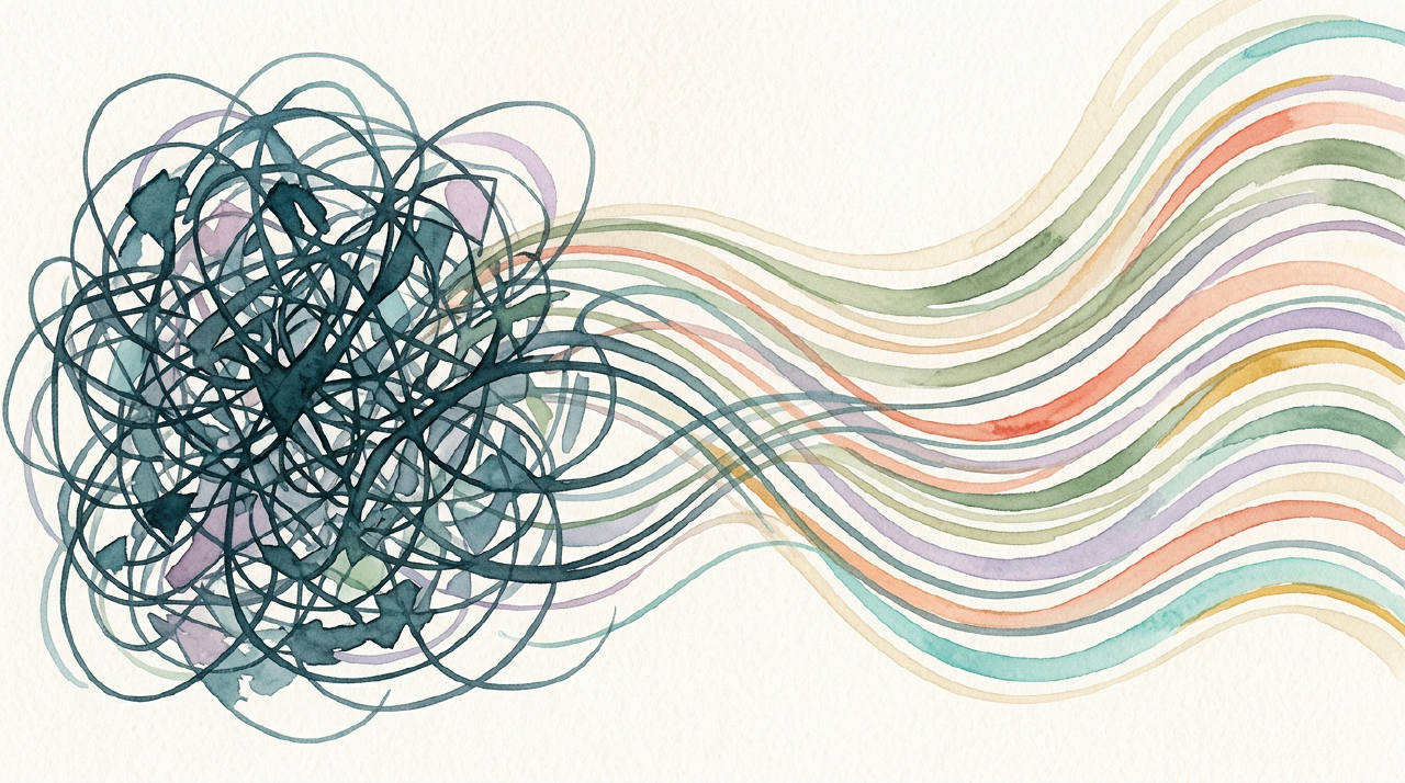 Ilustración abstracta del cerebro procesando un recuerdo caótico y convirtiéndolo en uno ordenado