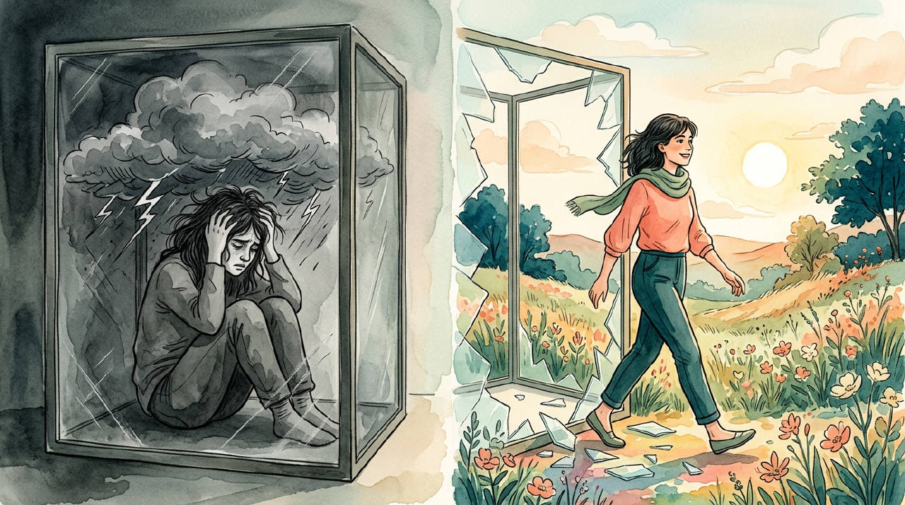 Persona saliendo de una tormenta interior hacia la calma