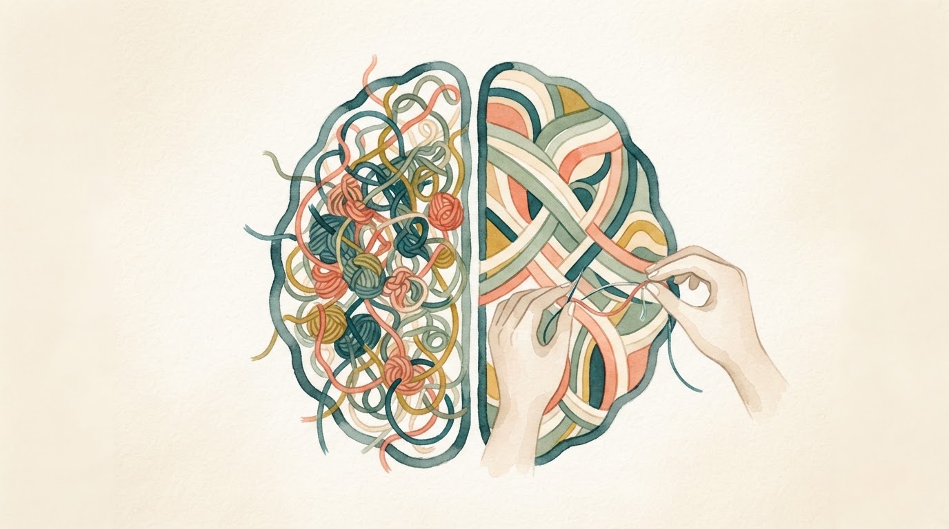 Ilustración conceptual de un cerebro con hilos de colores enredados que se van organizando.