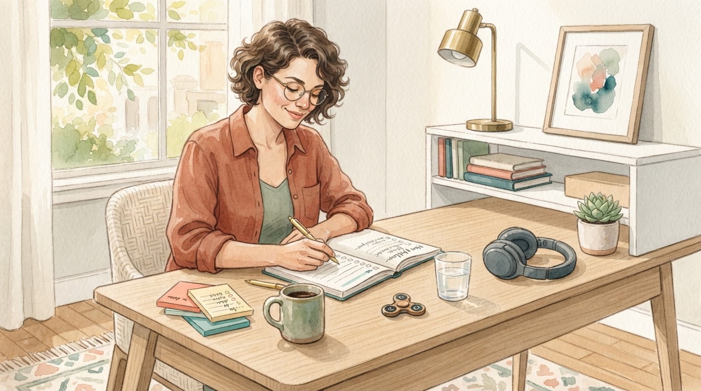 Persona adulta en un escritorio organizado pero con herramientas para el TDAH.