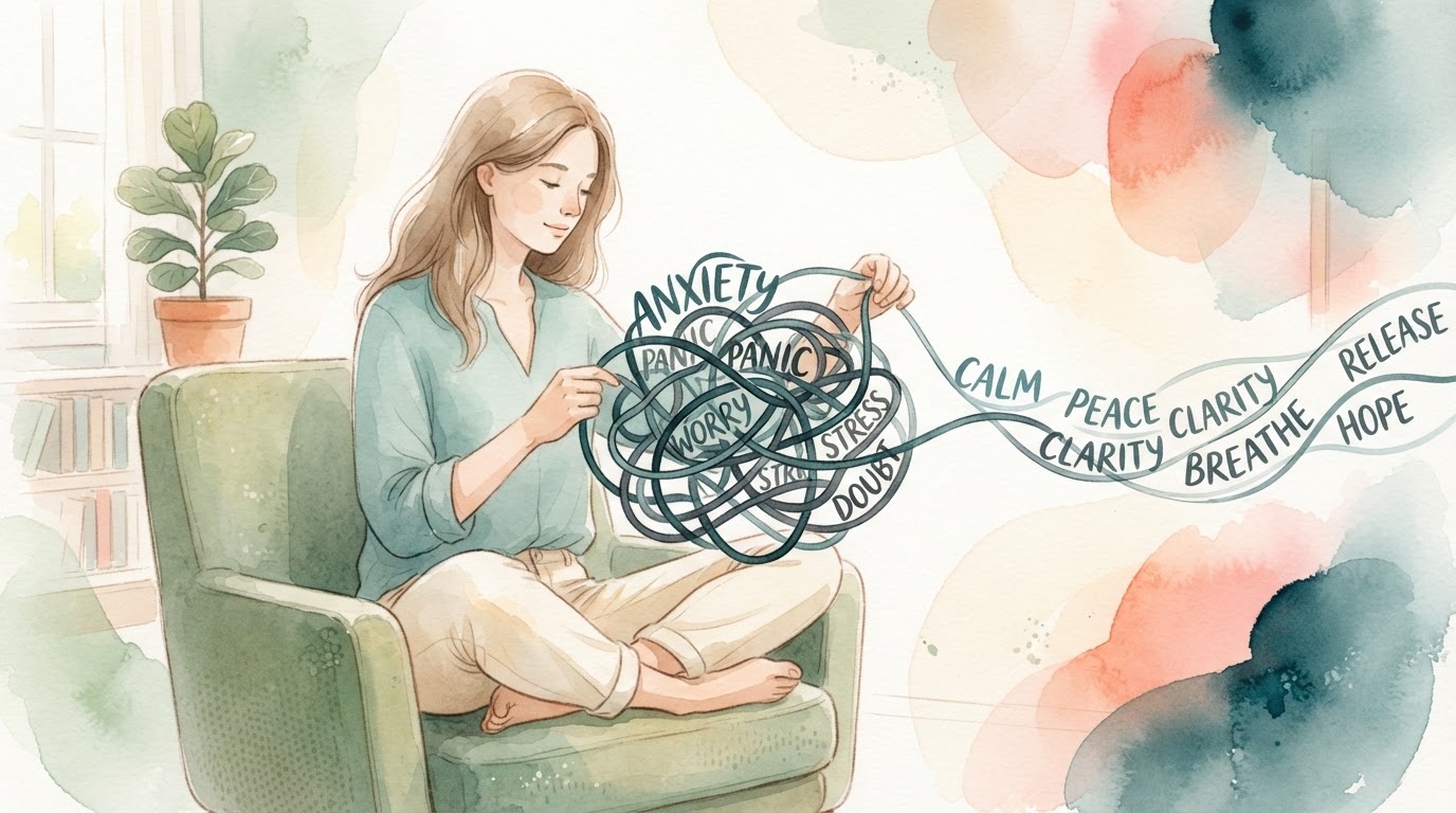 Una persona desenreda un nudo de palabras sobre ansiedad