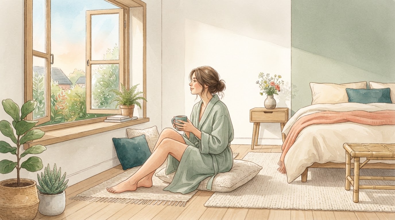 Mujer practicando respiración consciente frente a una ventana luminosa al amanecer