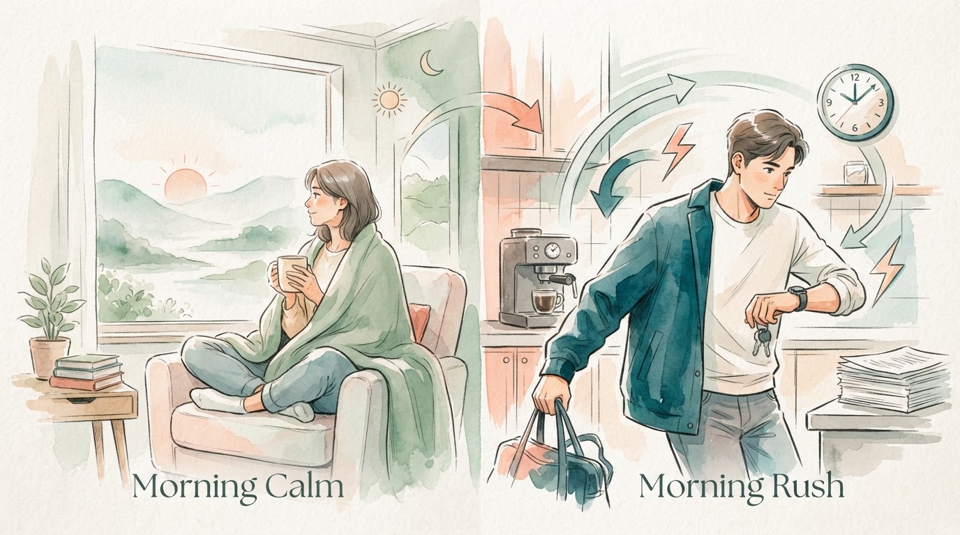 Comparación visual de un cerebro estresado versus un cerebro en calma matutina