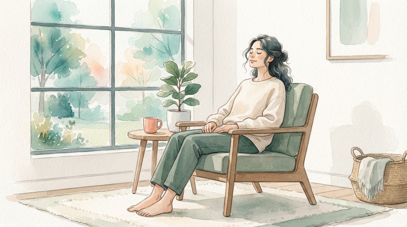 Una persona sentada cómodamente en una silla junto a una ventana, con una expresión tranquila y los ojos cerrados.