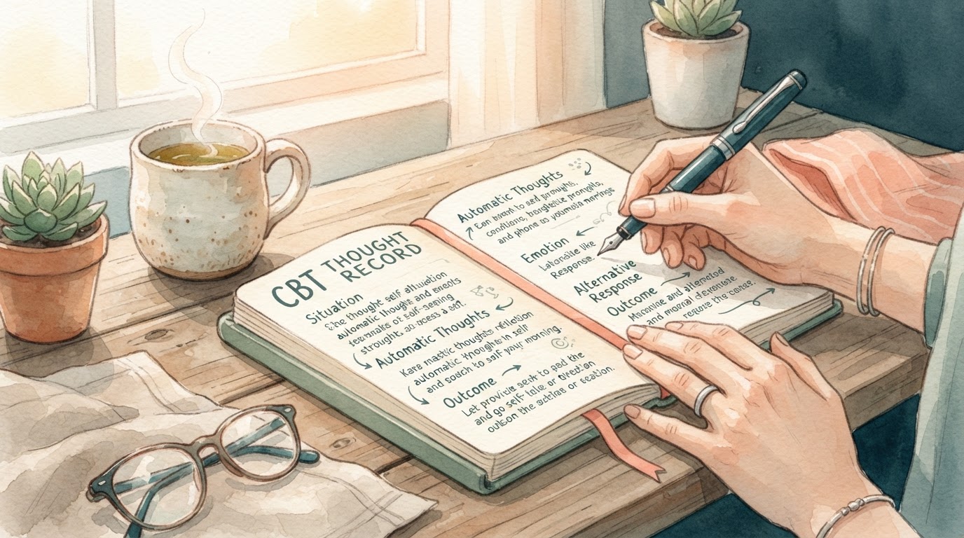 Una persona sentada en un escritorio con un cuaderno abierto, una pluma y una taza de té, luciendo reflexiva y tranquila.