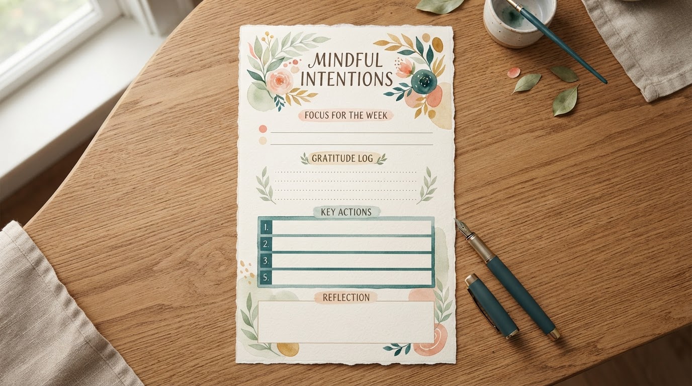 Printable worksheet on wooden desk with pen, warm cream watercolor