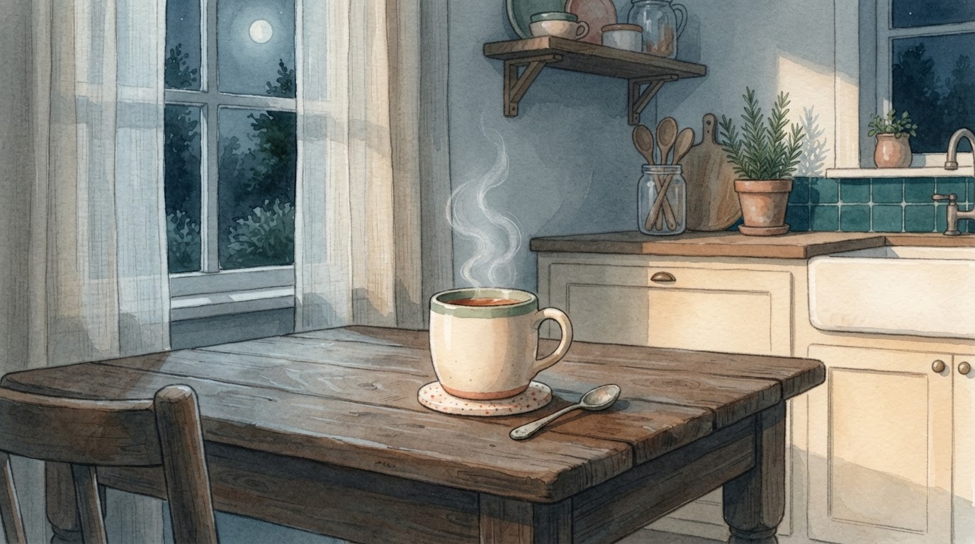 Taza de té tibia en una cocina a oscuras durante la madrugada