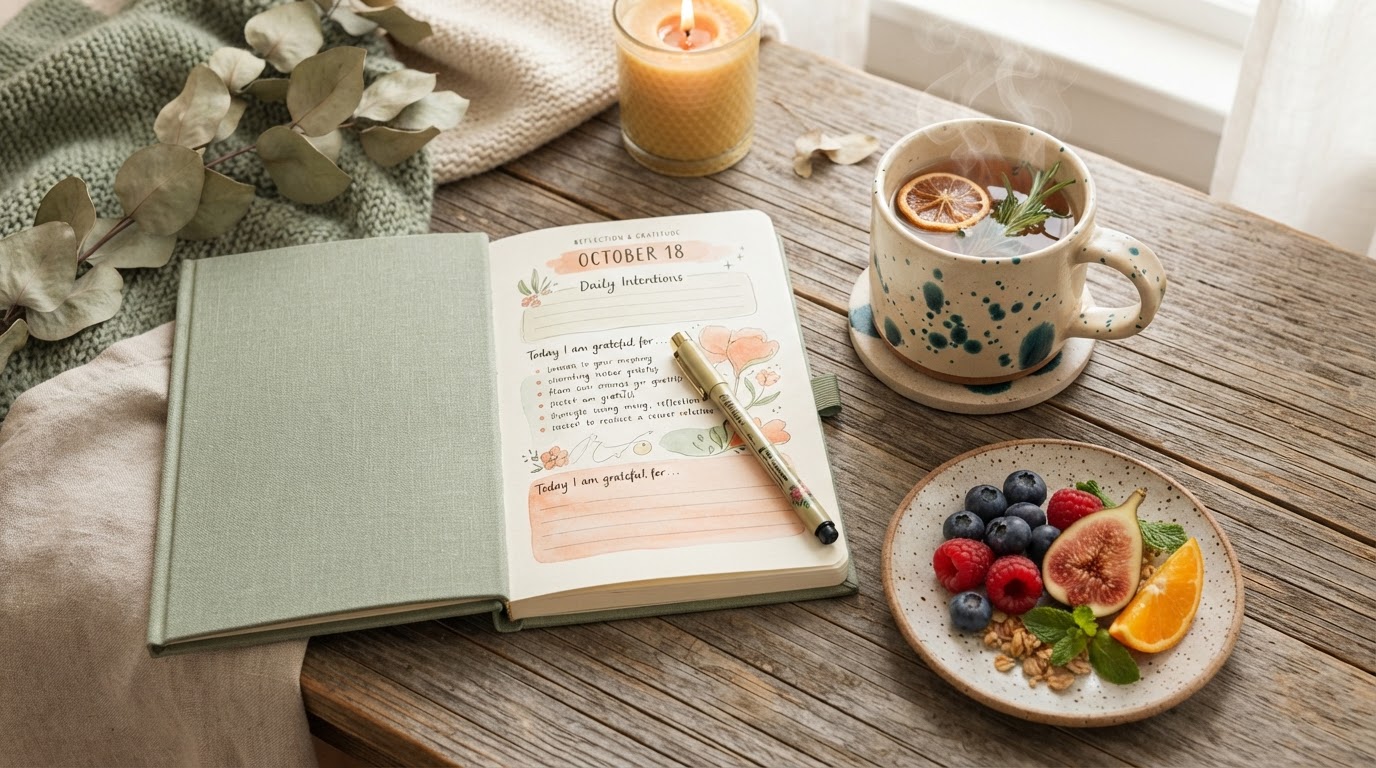 Diario de bienestar junto a un té de hierbas