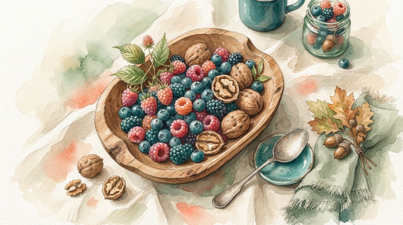 Overhead wooden bowl of berries and walnuts on linen, warm autumn watercolor