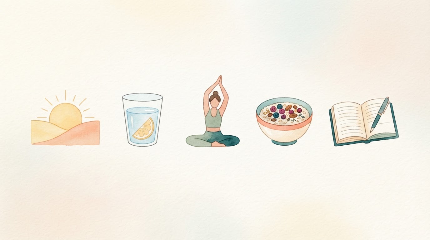 Una checklist matutina con íconos de sol, agua y ejercicio