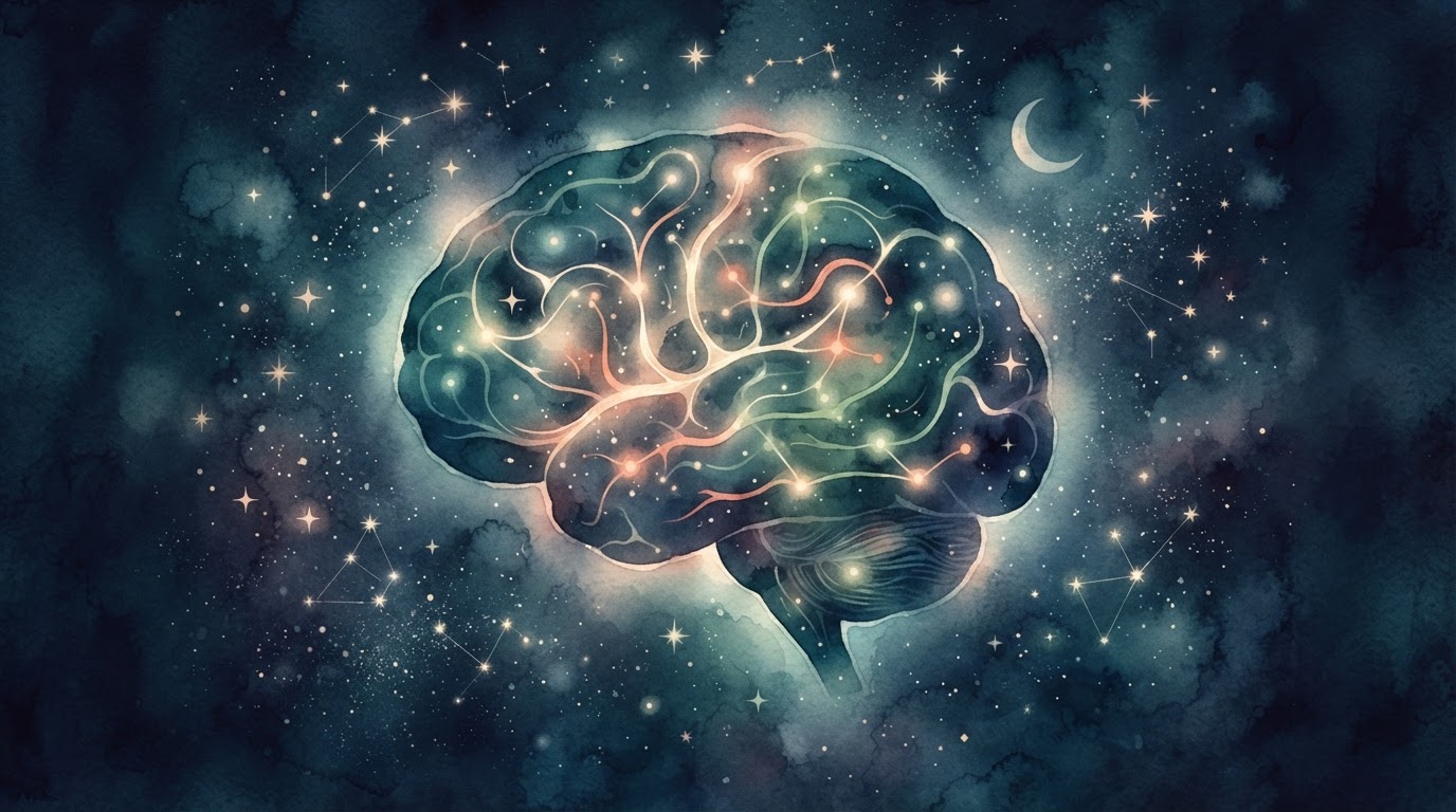 ilustración serena de un cerebro con vías neuronales brillantes sobre un fondo azul oscuro que representa el sueño