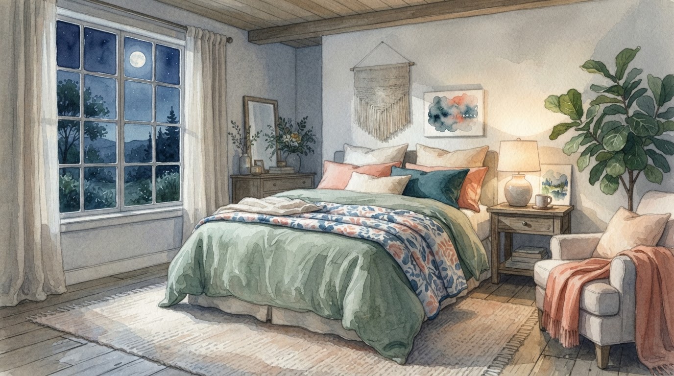 Moonlit bedroom with soft linens, indigo watercolor