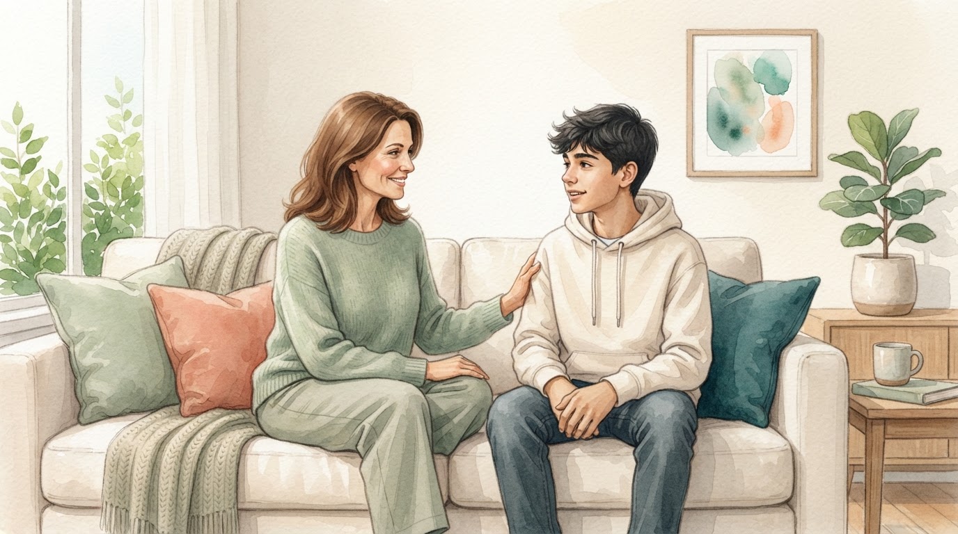 Madre e hijo adolescente conversando con calma en una sala iluminada
