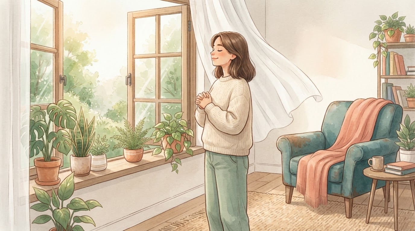 Adolescente respirando profundamente junto a una ventana con plantas