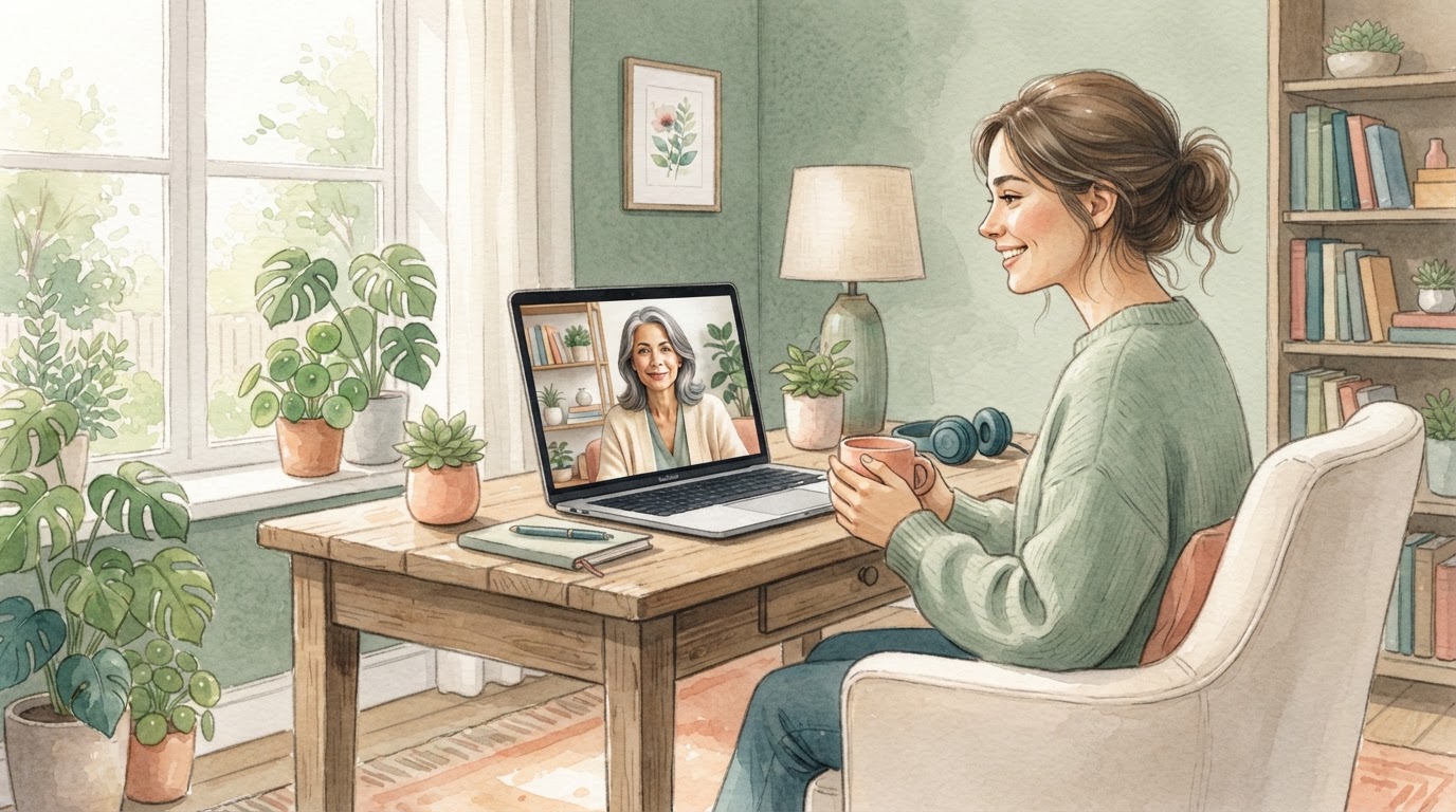Una persona sentada cómodamente en su casa, hablando con un terapeuta en una pantalla de laptop.