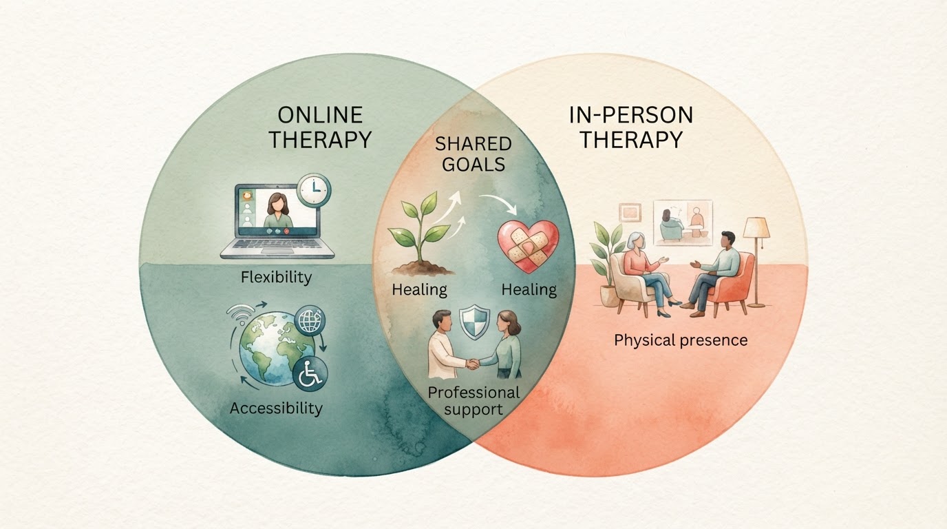 Un diagrama de Venn que compara la terapia en línea y la terapia presencial.