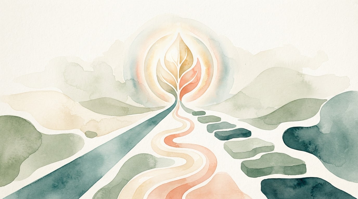 Ilustración conceptual de diferentes caminos que convergen en un punto de bienestar y claridad mental