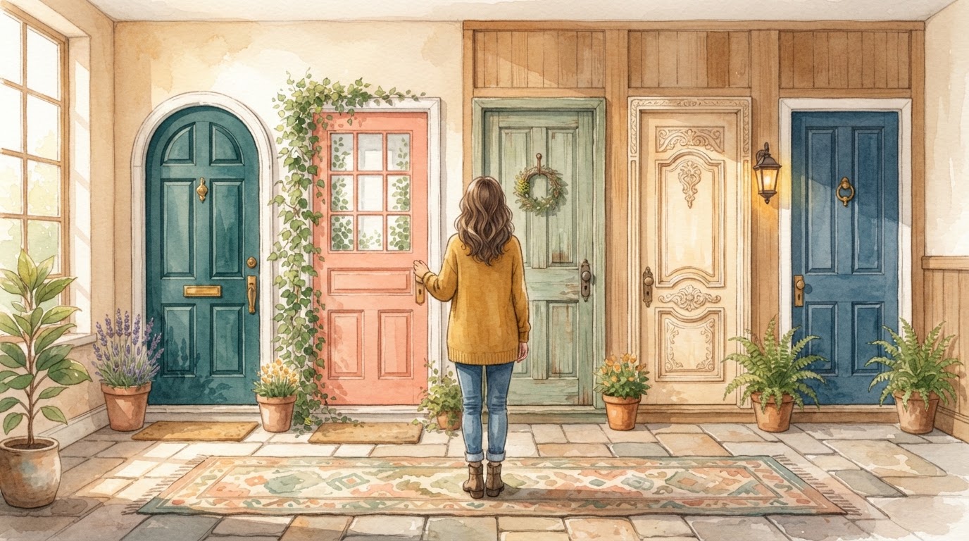 Una persona de pie frente a varias puertas de diferentes estilos y colores, eligiendo cuál abrir. La escena es cálida y esperanzadora.