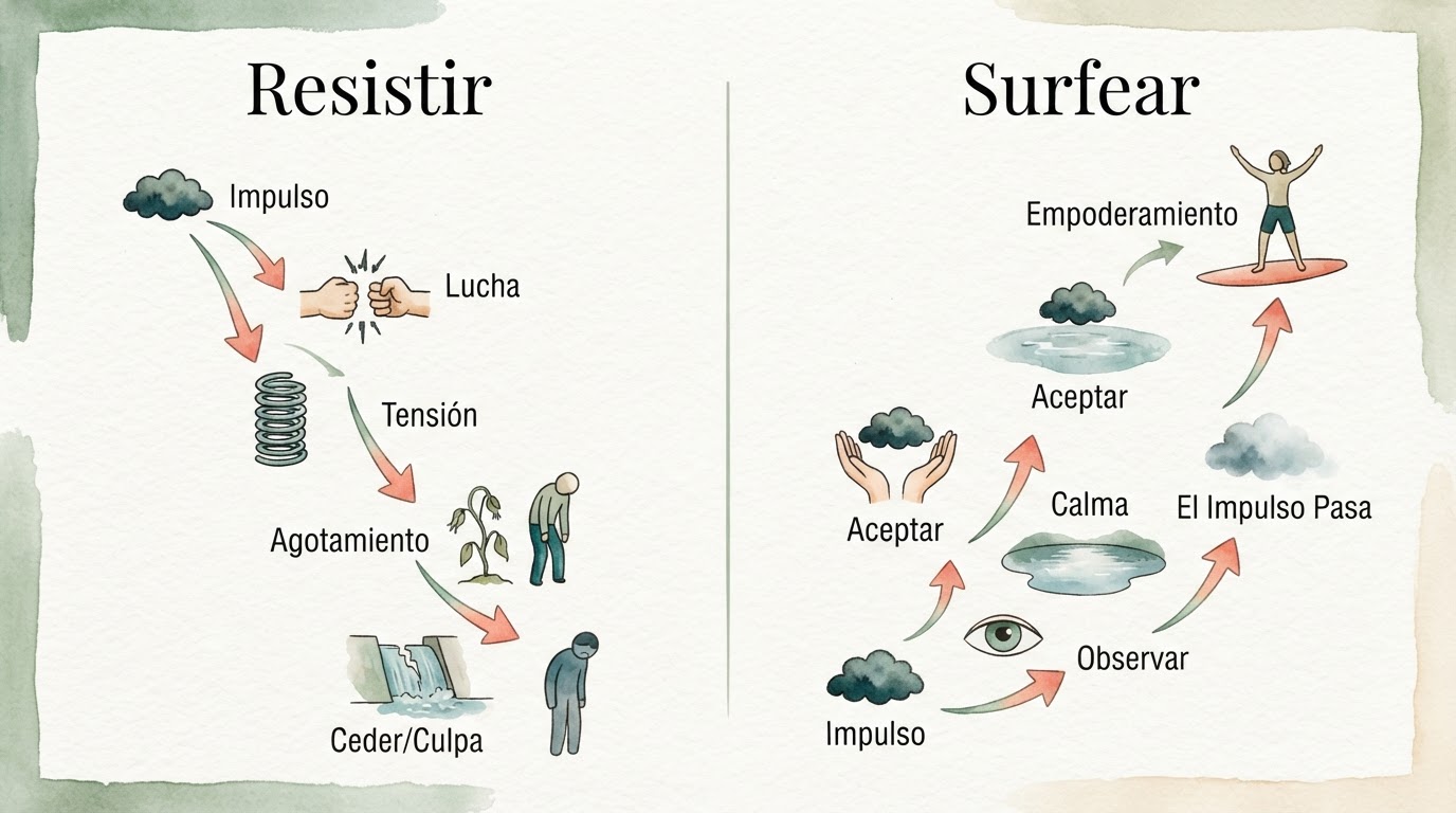 Diagrama de flujo simple comparando 'resistir el impulso' con 'surfear el impulso'