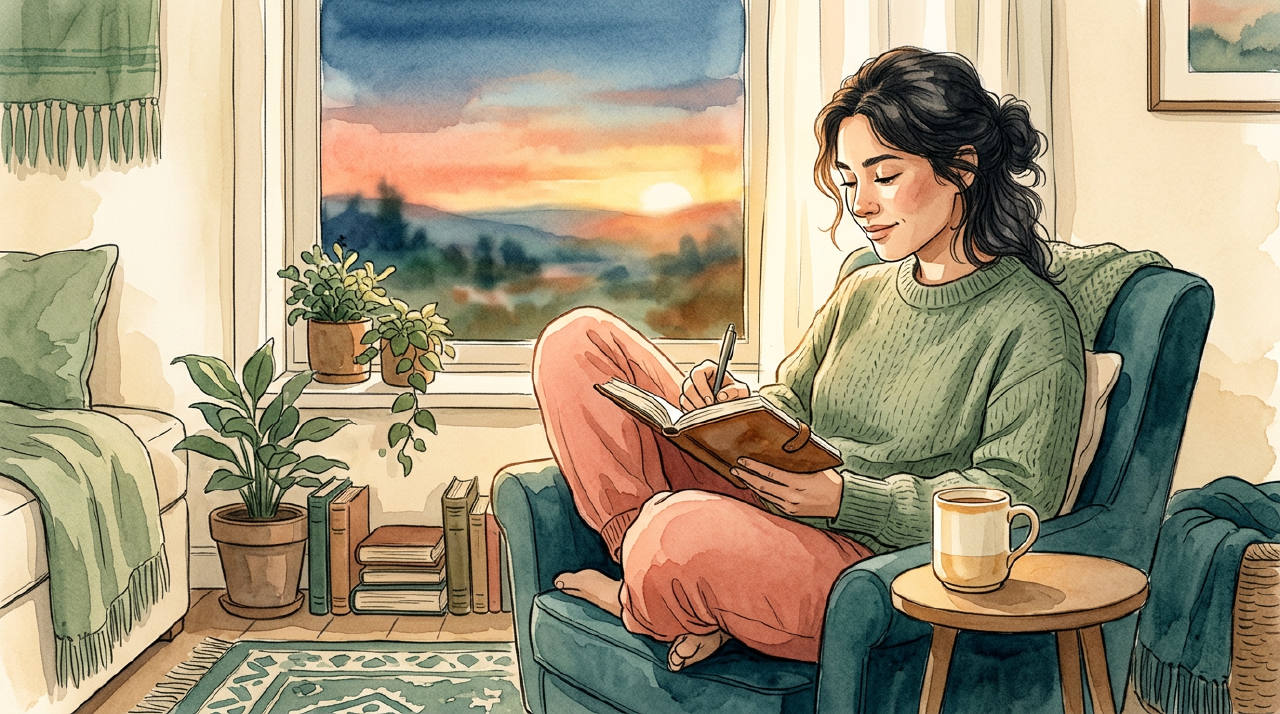 Una persona sentada en un lugar tranquilo escribiendo en un diario al atardecer. La luz cálida ilumina su rostro sereno y el cuaderno.