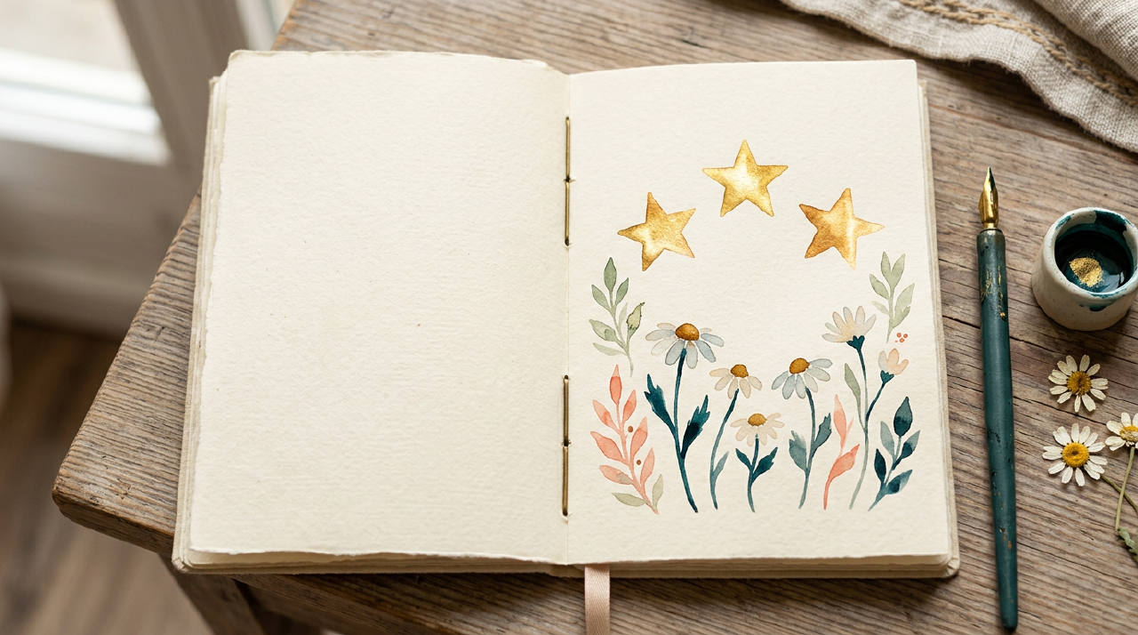Hand-drawn watercolor of open notebook with three golden stars and small daisies