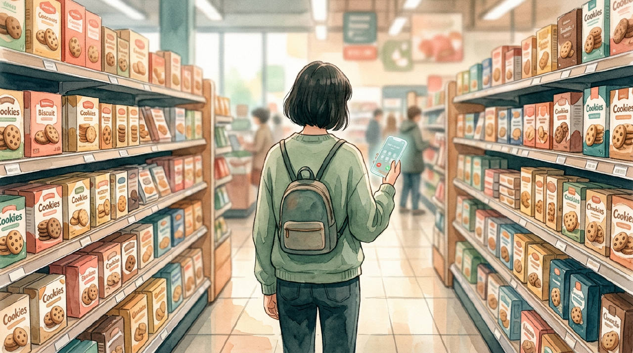 Una persona de espaldas en un pasillo de supermercado, mirando galletas, con un teléfono semitransparente en la mano.