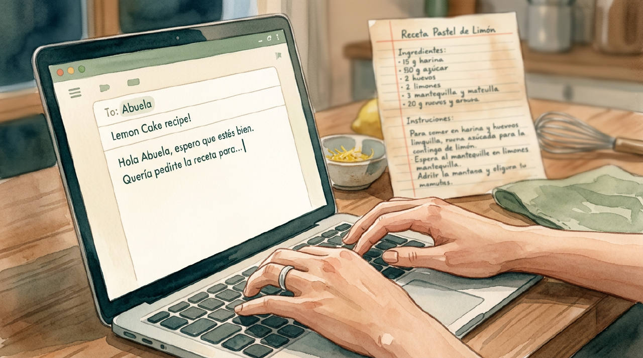 Primer plano de unas manos sobre un portátil, con un correo electrónico abierto que muestra una receta, el fondo está desenfocado.