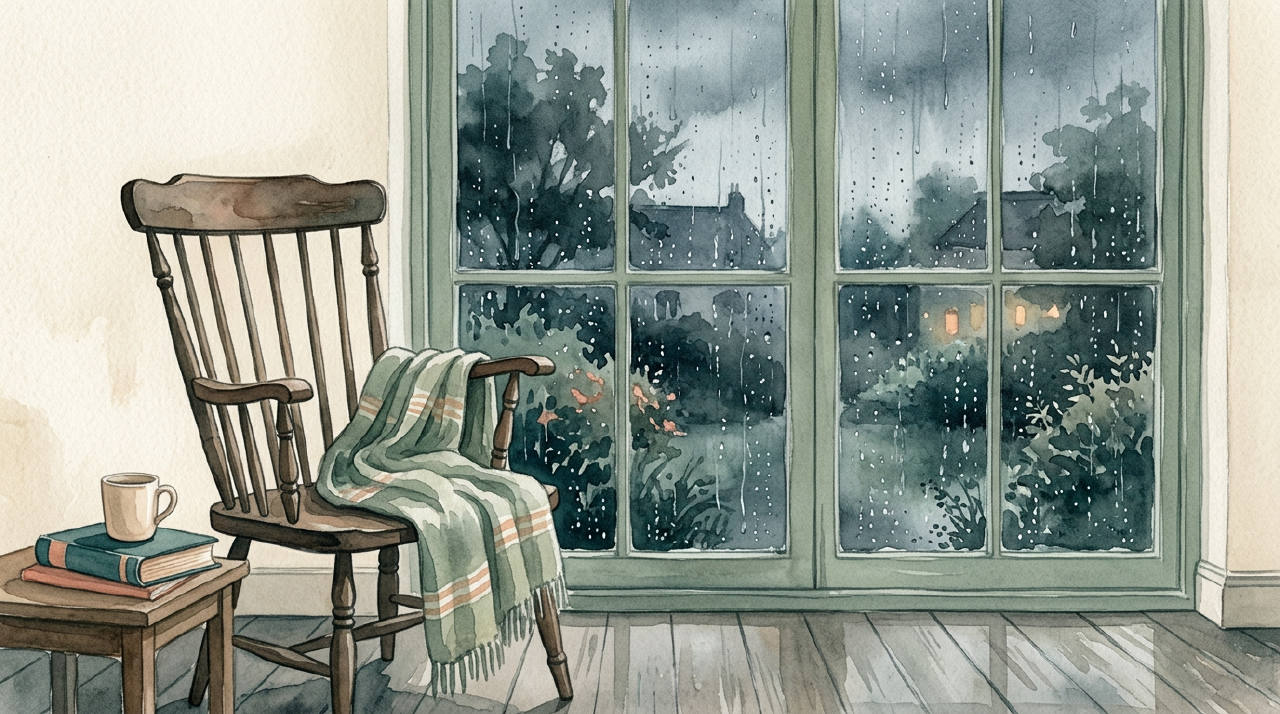 Empty chair by a window with soft rain, muted grey watercolor