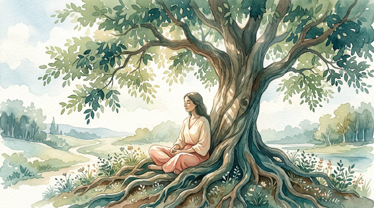 Una persona en calma, sentada bajo un árbol frondoso, con una expresión serena y los ojos cerrados.