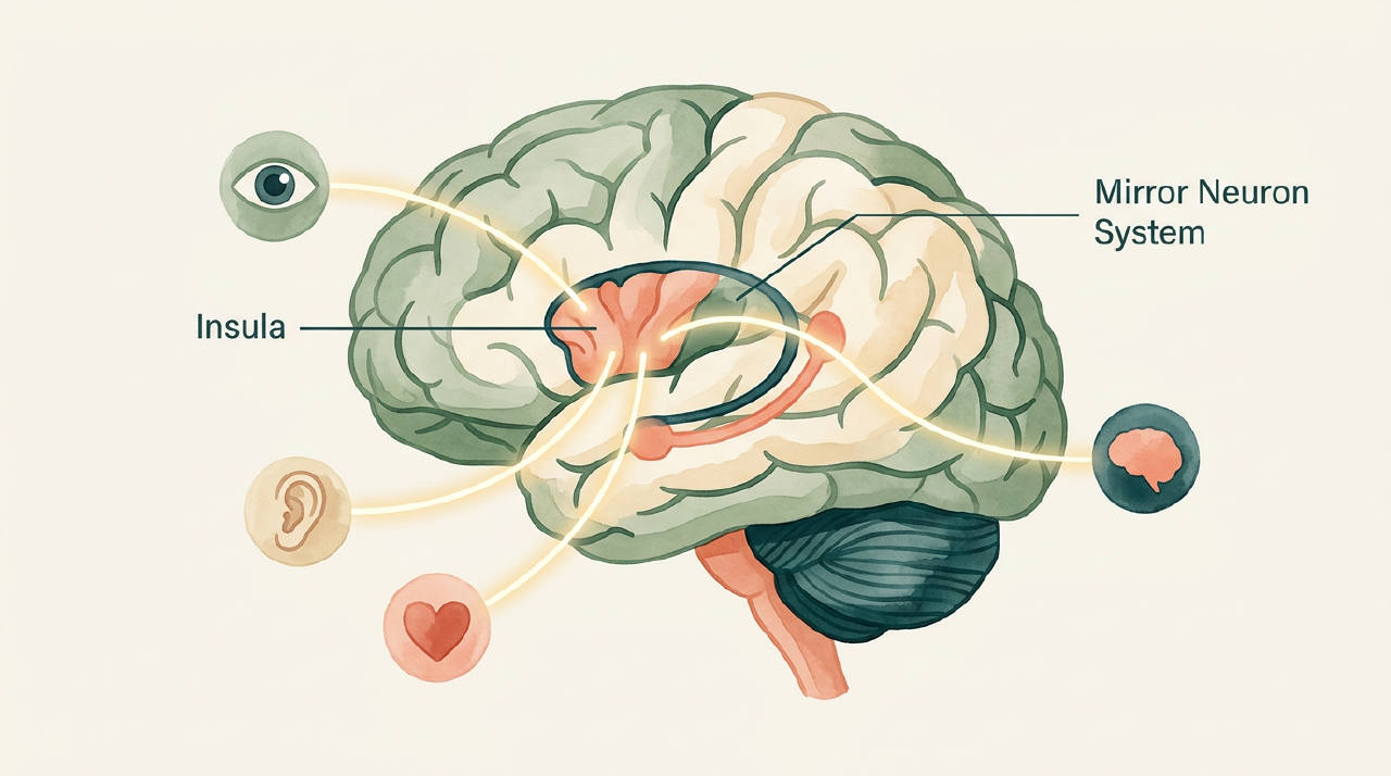 Un diagrama estilizado del cerebro humano destacando las áreas de la ínsula y el sistema de neuronas espejo.