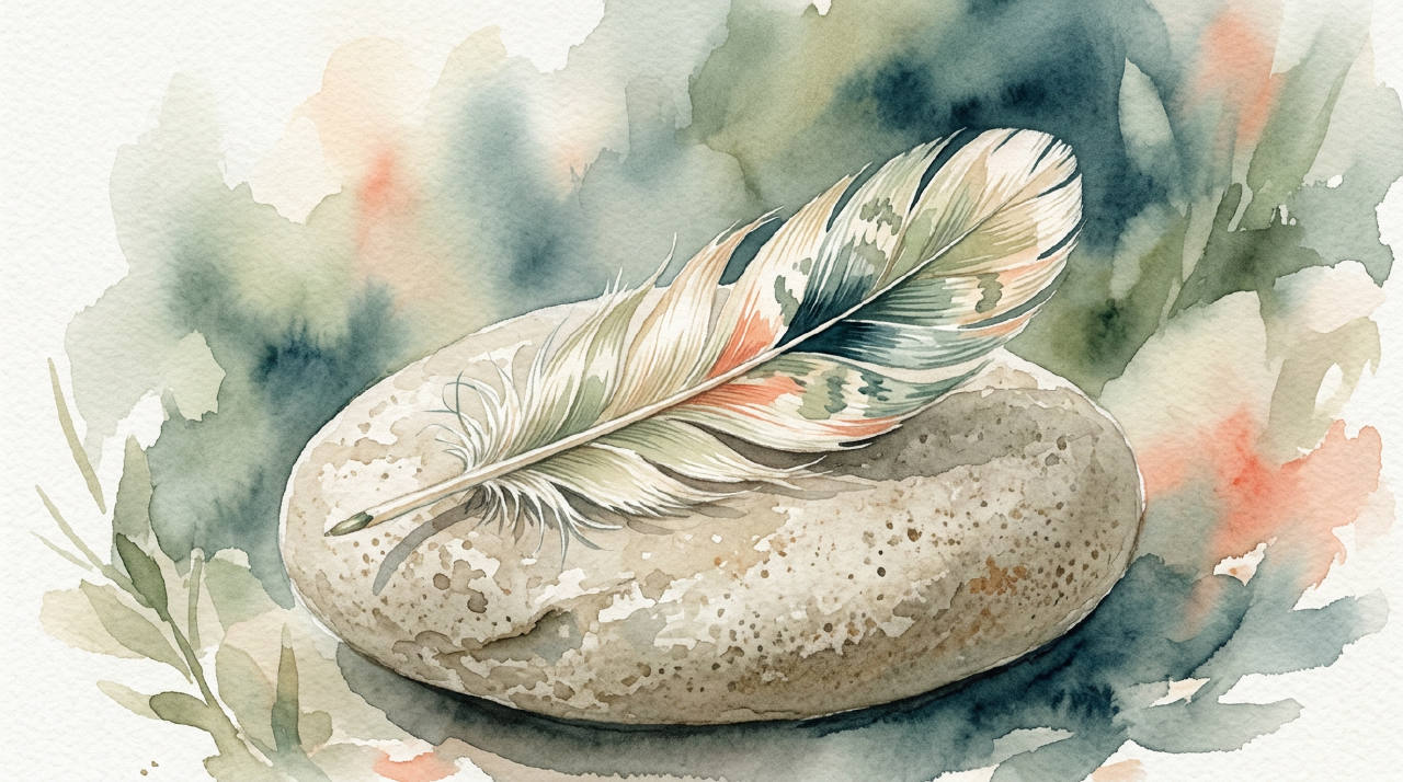 Delicate feather on stone in soft light, muted watercolor