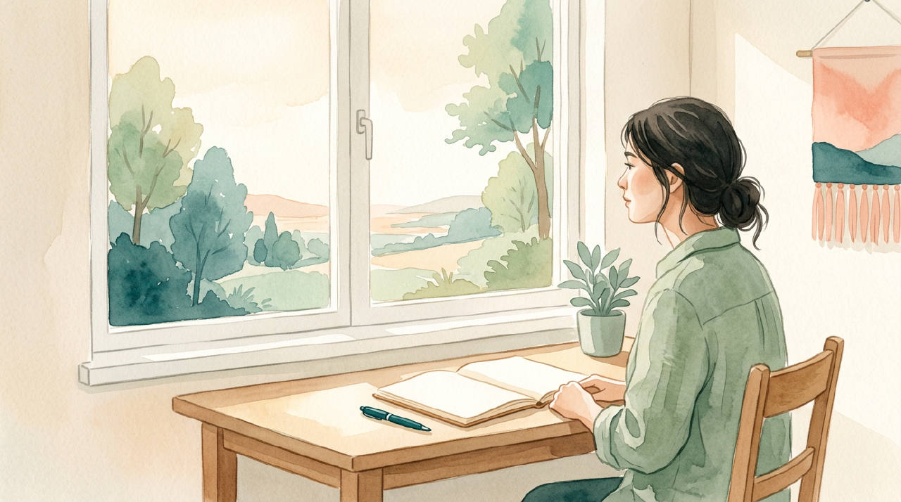 Persona sentada en un escritorio con un diario abierto, mirando por la ventana con calma.