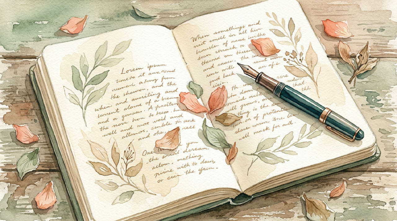 Vintage cream notebook open on wood with fountain pen and dried petals, warm sepia watercolor