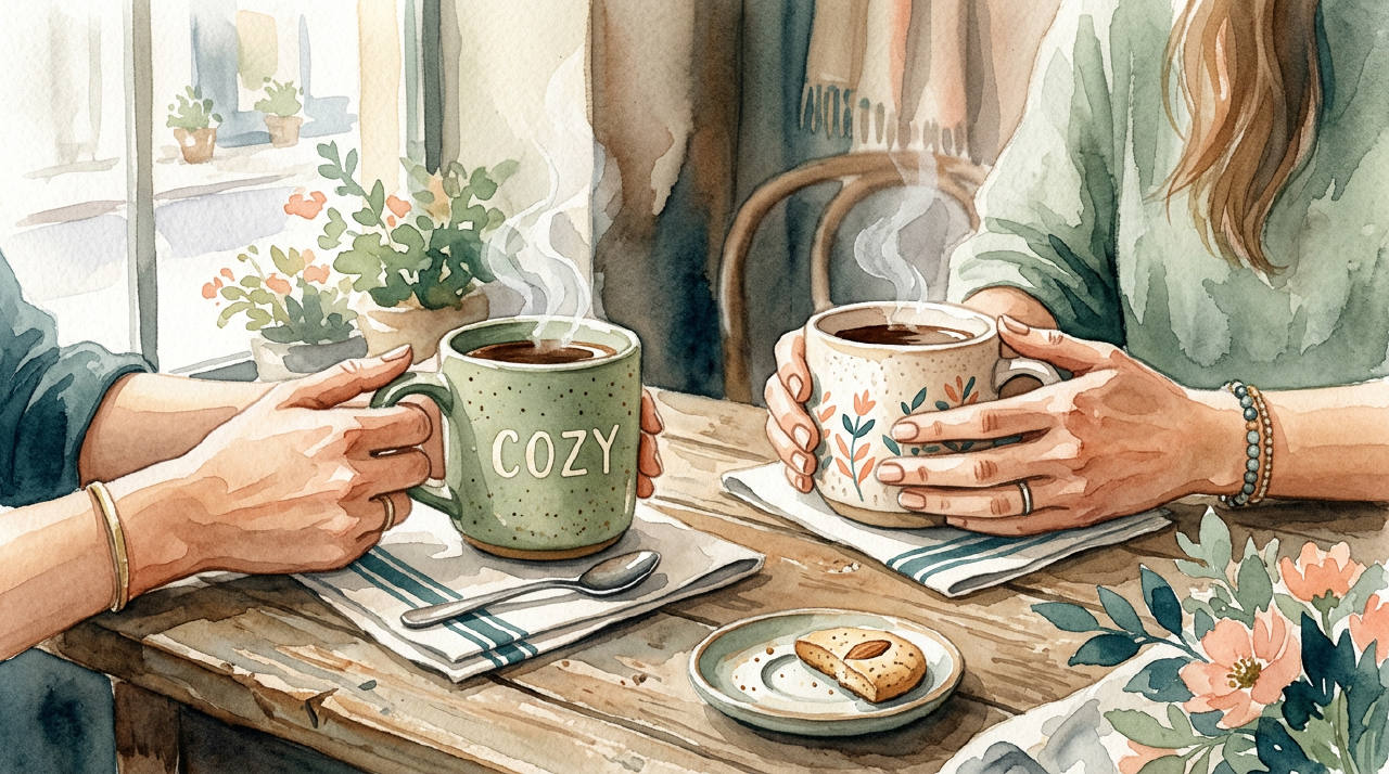 Two hands holding warm mugs on a café table, editorial watercolor