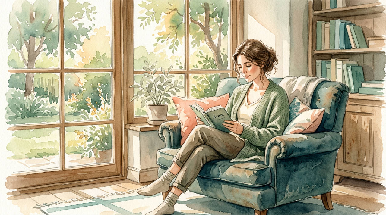 Woman reading by window in warm afternoon light, sage watercolor