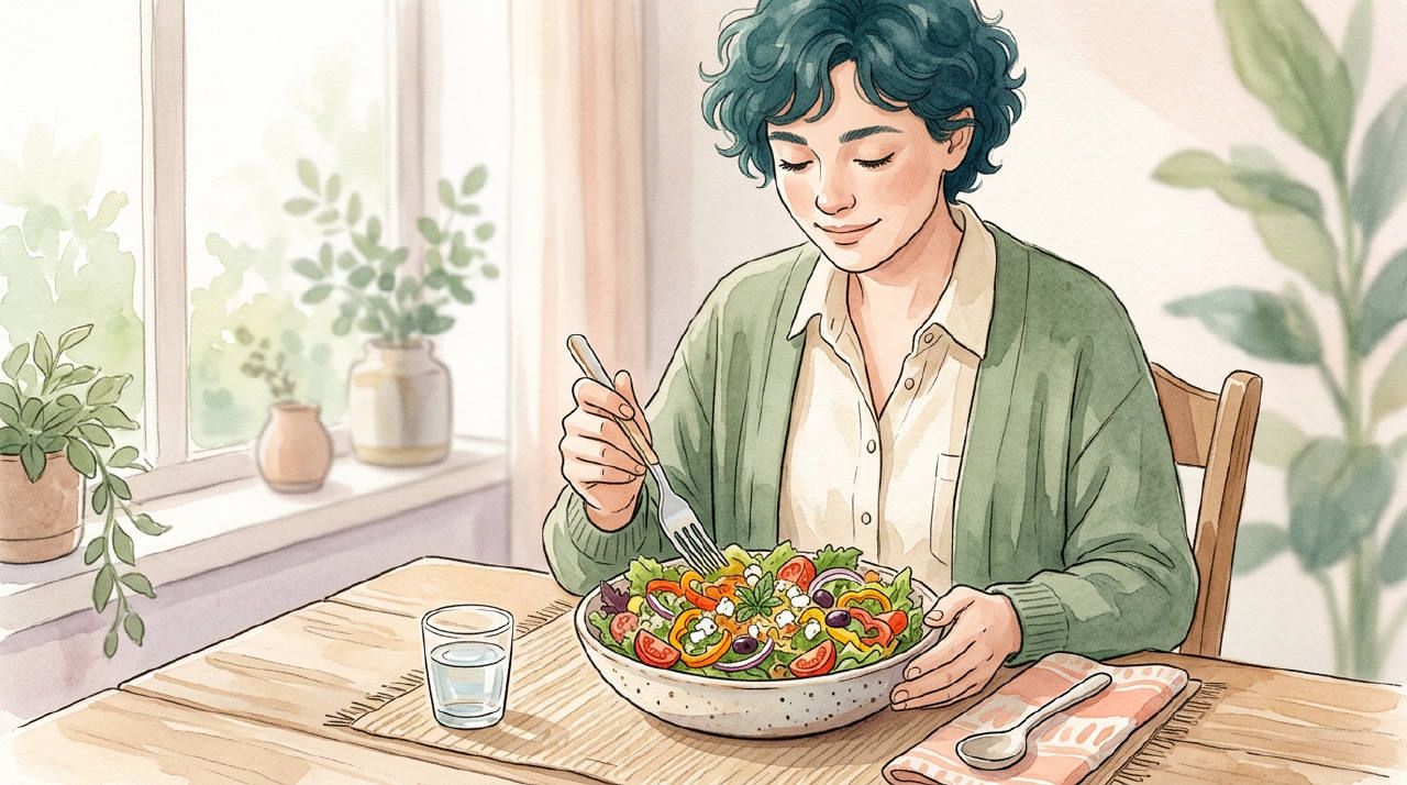 Persona comiendo en paz junto a una ventana