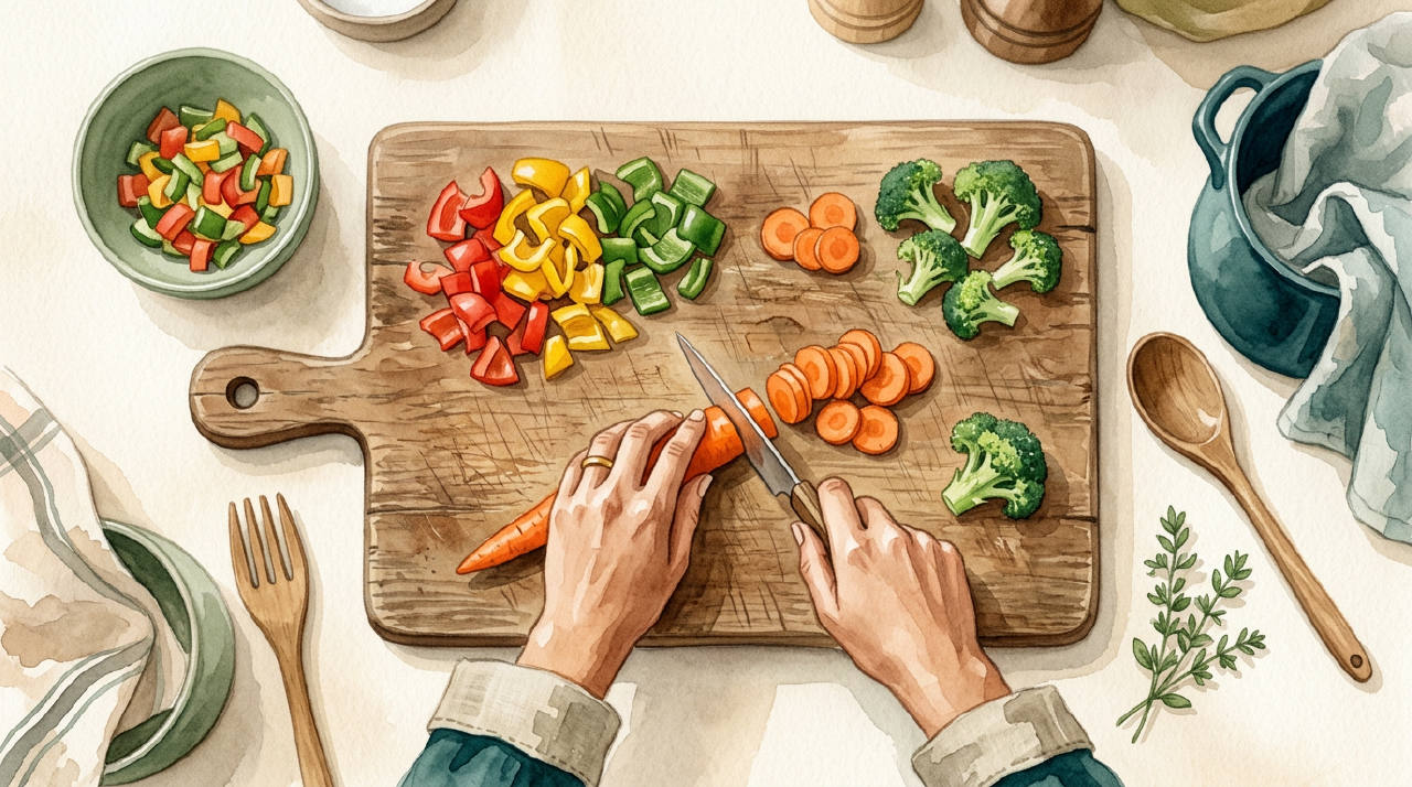 Manos preparando verduras frescas sobre una tabla de cortar
