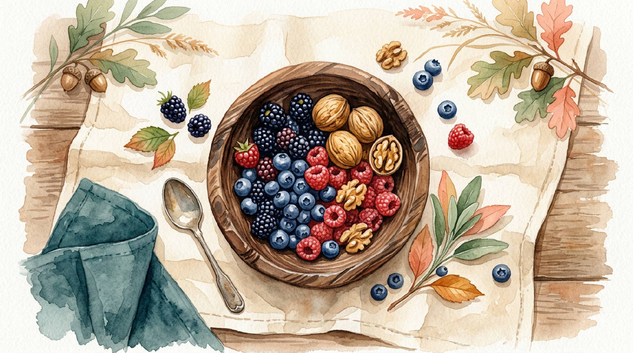 Overhead wooden bowl of berries and walnuts on linen, warm autumn watercolor
