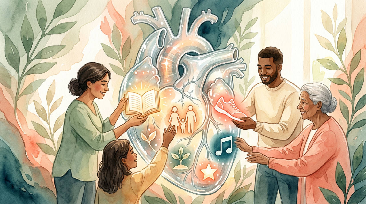Ilustración conceptual de un corazón de cristal lleno de iconos que representan valores.