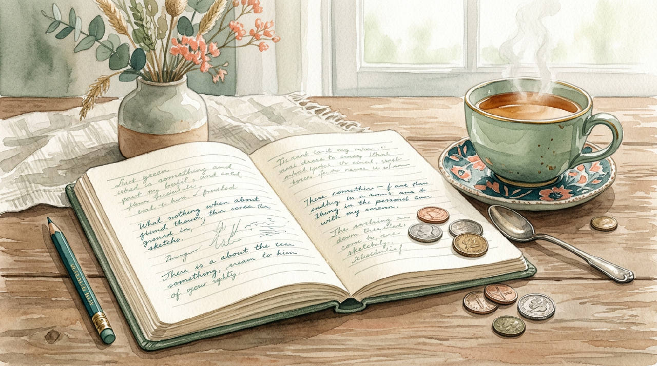 Open notebook with coins and calm tea, muted green watercolor