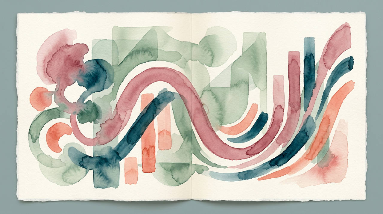 Abstract chart shapes in dusty rose and teal on cream, editorial watercolor