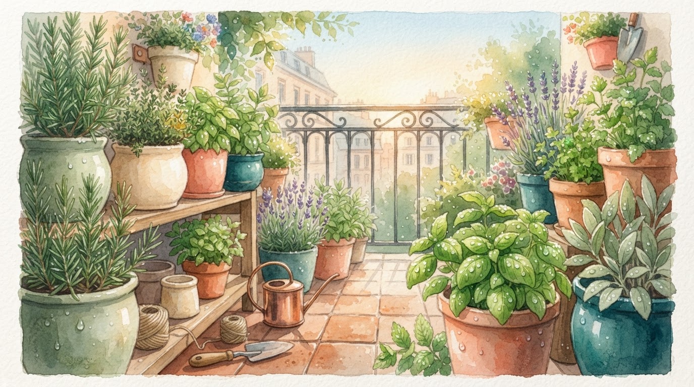 Balcony garden with herbs and sunlight, dew drops, warm green watercolor